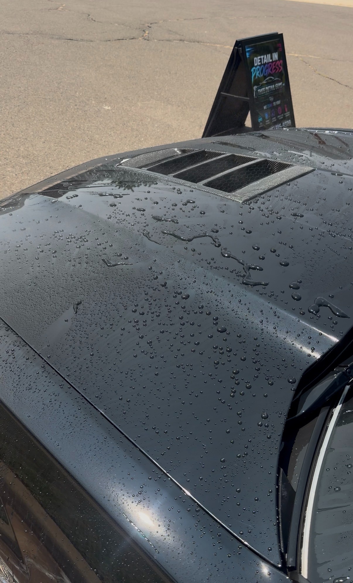 Water beading on a freshly coated hood
